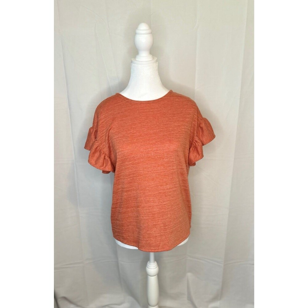 Floral and Ivy Top; Ruffled Shirt Sleeves, Orange; Size Small